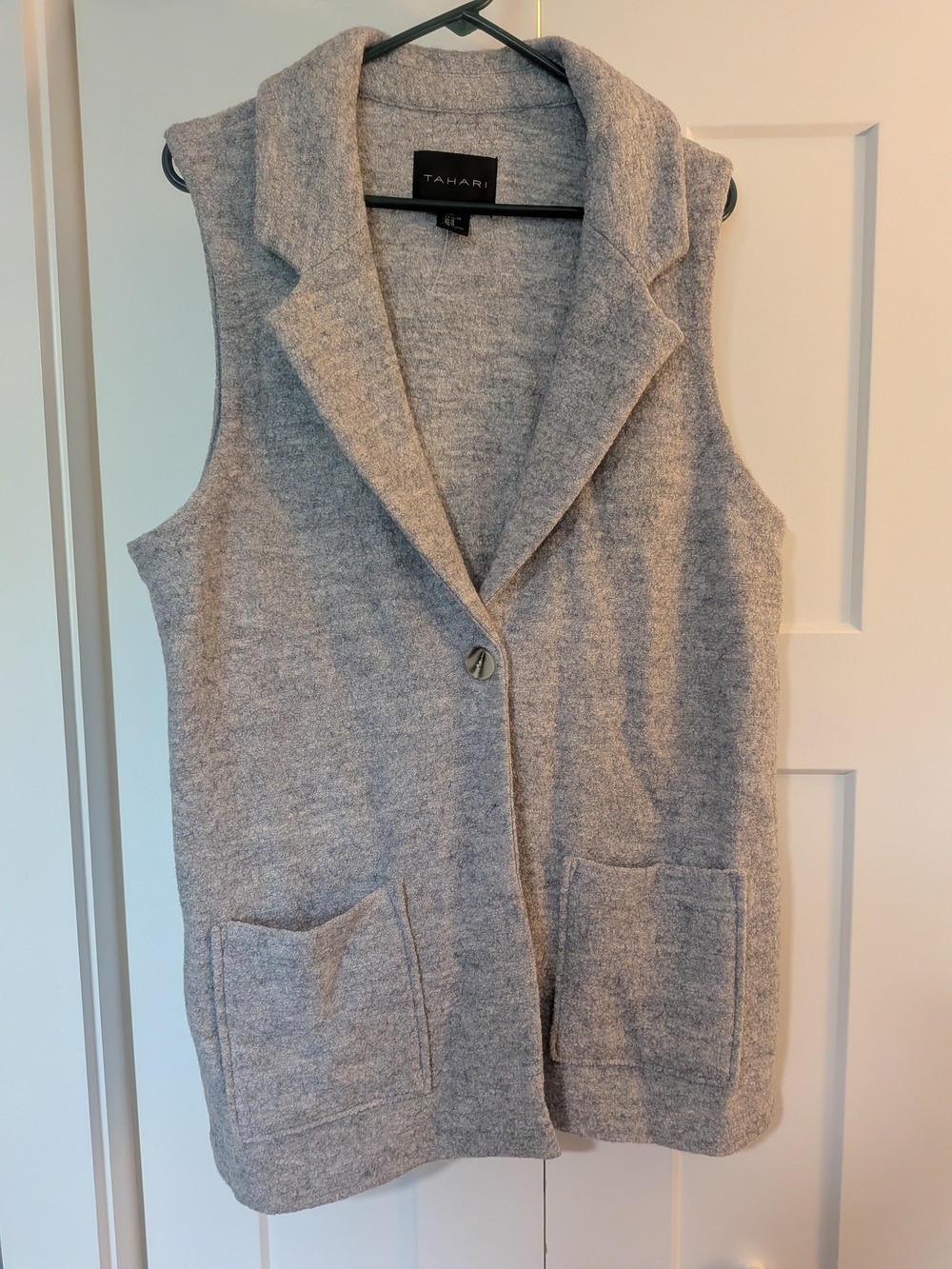 Tahari Boiled Wool Blend Vest Open Heather Gray Collared Pockets Size XL